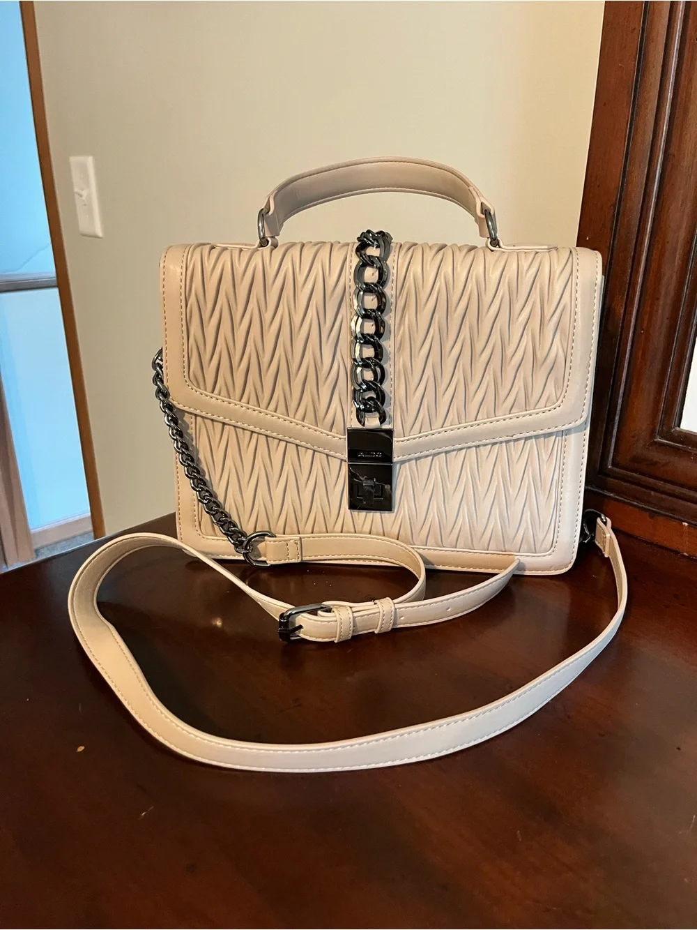 Aldo Cream Quilted Top-Handle Satchel with Chain Strap